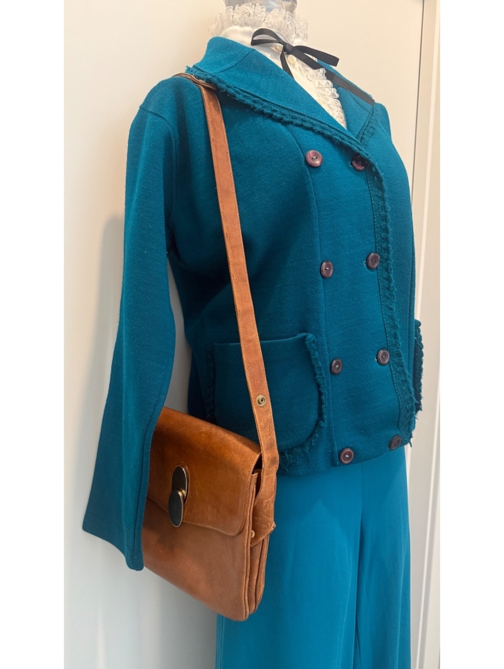 Vintage Koret of California 60s-70s Teal Double-Breasted Knit Cardigan Jacket